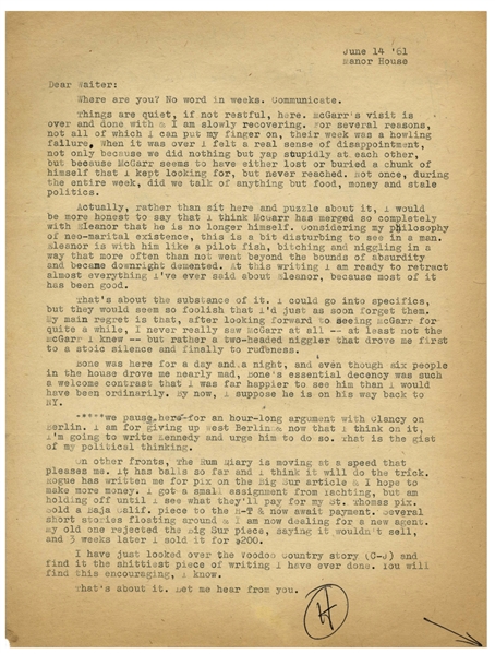 Hunter S. Thompson Letter Signed, With Autograph Note -- ''...bought a huge Doberman name of Agar for $100...Also a pistol for $70 & now I can't pay the rent...''